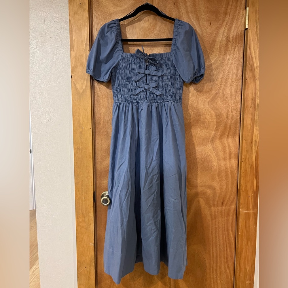 ASTR Smocked Bow Midi Dress in Denim Blue